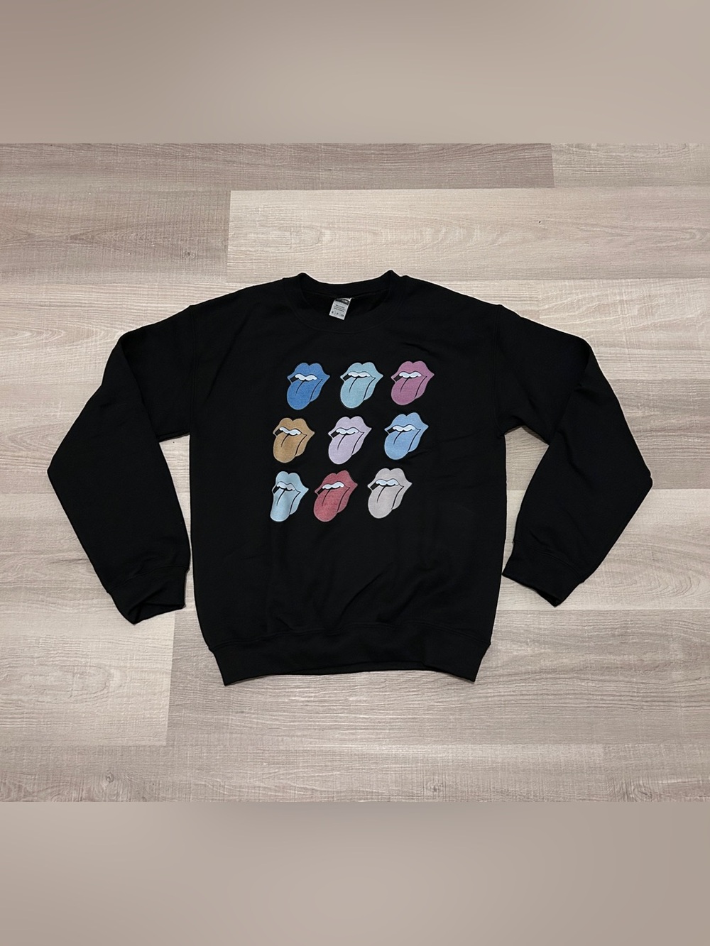 The Rolling Stones Multi-Color Tongue Logo Black Crewneck Sweatshirt Small